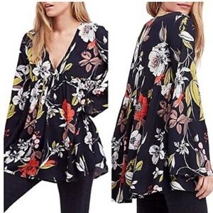 Free People Black Bella Boho Cottagecore Floral Tunic Mini Bell Dress XS